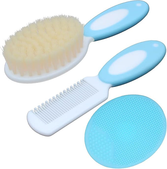 Baby Hair Brush &Silicone Baby Cradle Cap Brush Set, for Newborns & Toddlers-Natural Soft Goat Bristles-Ideal for Cradle Cap-Perfect Baby Registry Gift (Blue)