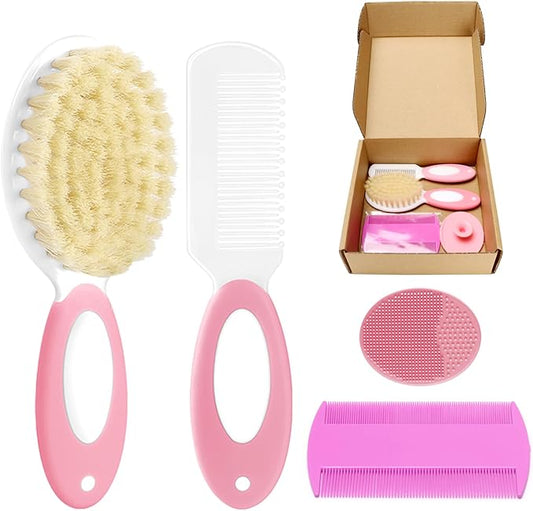 Baby Hair Brush and Comb Set, 4Pcs Baby Soft Bristles Brush Cradle Cap Brush Hair Comb for Newborns Toddlers Boys Girls (Pink)