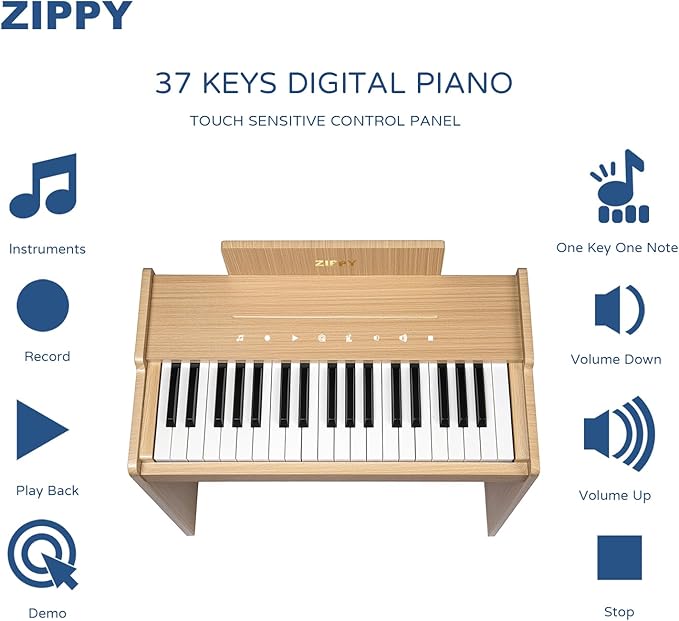 ZIPPY Kids Piano Keyboard, 37 Keys Digital Piano for Kids, Touch Sensitive Control Panel, Built-in Songs, Volume Adjustable, Music Educational Instrument, Wood Piano for 3+ Girls and Boys (Oak Plus)