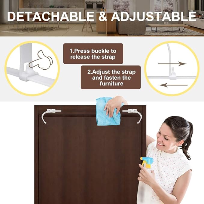 4our Kiddies Furniture Straps (6 Pack) Baby Proofing Anti Tip Furniture Anchors Kit, Cabinet Wall Anchors Protect Toddlers from Falling Furniture, Adjustable Child Safety Straps Earthquake Resistant