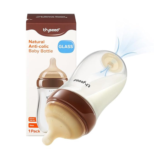 Thyseed Glass Natural Anti-Colic Baby Bottles | Newborn Breast Like Nursing Bottle for Breastfed Babies with Nipple (2+ Months) 8 Ounce, 1pack