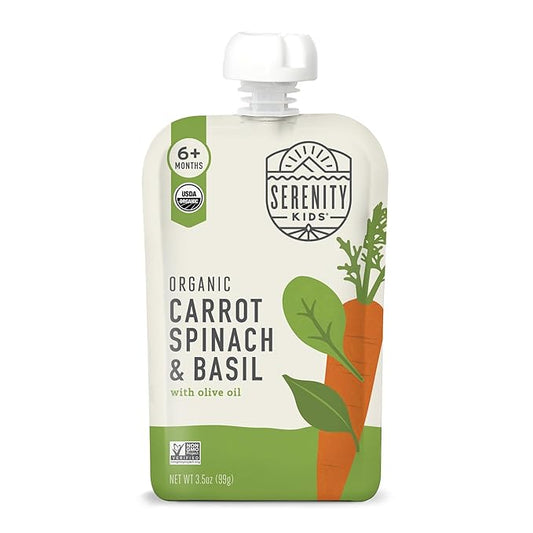 Serenity Kids 6+ Months USDA Organic Veggie Puree Baby Food Pouches | No Sugary Fruits or Added Sugar | Allergen Free | 3.5 Ounce BPA-Free Pouch | Carrot Spinach & Basil | 1 Count