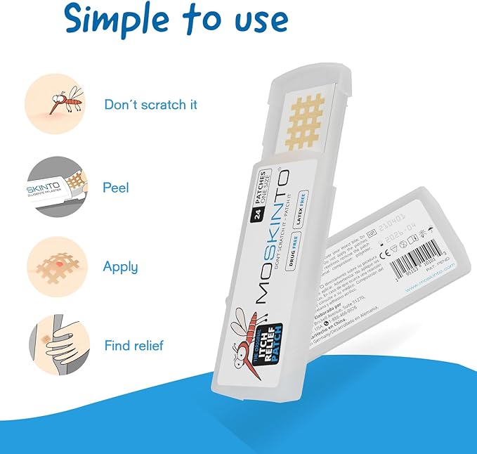 Moskinto The Original Mosquito Itch Relief Patches for Kids & Adults, Bug Bite Patches Soothe Swelling & Itching, Anti Itch Bug Bite Relief, Suction Tool Alternative, Travel Pack, 24 Count, Pack of 2