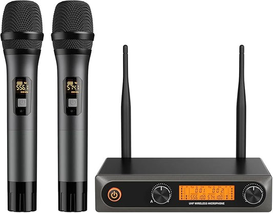 Wireless Microphone Karaoke System, Dual UHF Cordless Dynamic Mic Handheld Microphone System, 100ft Range, for Karaoke, Meeting, Party, Home KTV Set, Wedding, Church, DJ