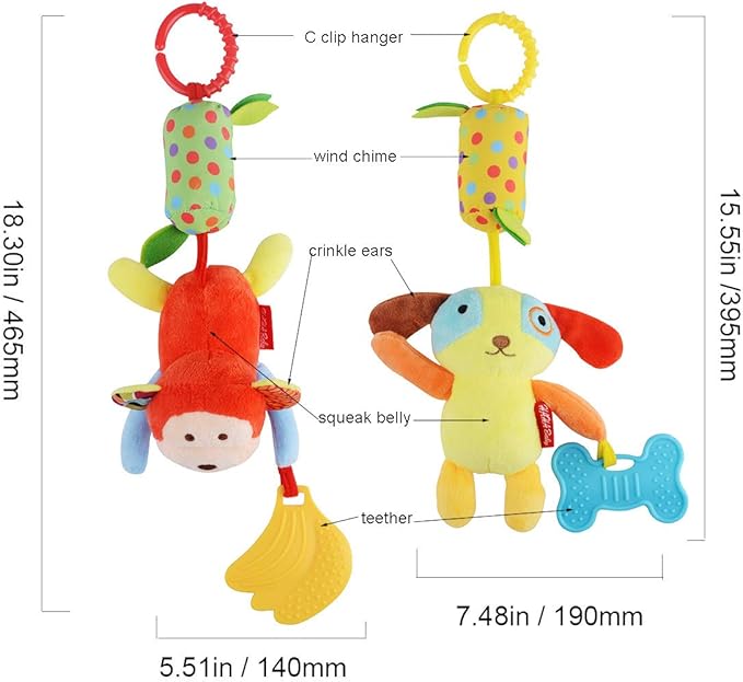 Toys for 0 3 6 9 to 12 Months, Soft Hanging Crinkle Squeaky Sensory Learning Toy Infant Newborn Stroller Car Seat Crib Travel Activity Plush Animal Wind Chime with Teether for Boys Girls