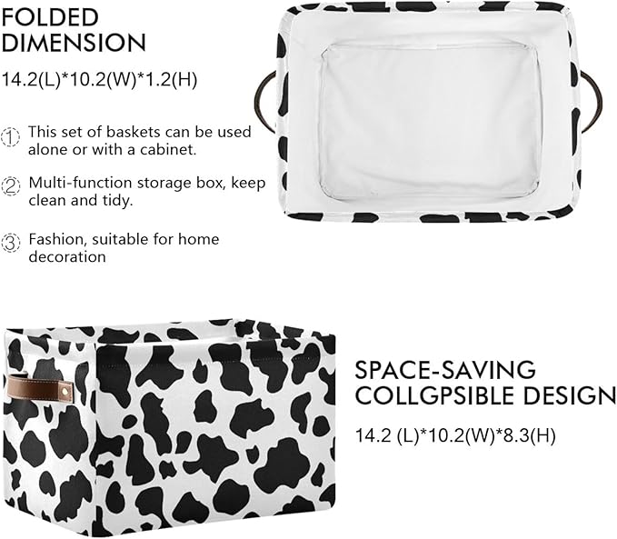 Black White Cow Skin Print Storage Basket Cube Storage Bins Organizer Bag Collapsible Closet Shelf Baskets with handle for Baby Cloth Pet Toy Book 14.2×10.2×8.3 IN