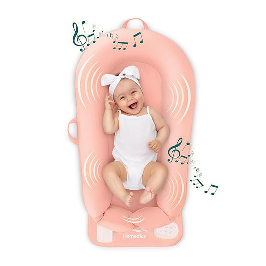 MyBaby 3-in-1 Calming Baby Cushion, Soothing Comfort for Newborns & Infants, Snuggling Sensation, Sound and Vibration, Designed for Safety, Rechargeable & Machine-Washable, by Homedics, Coral