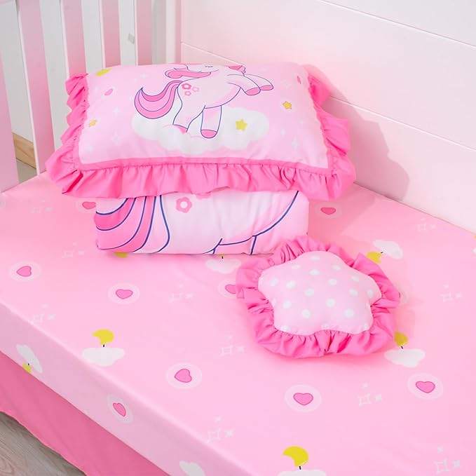 UOMNY Crib Bedding Set for Girls 4 Piece Unicorn Baby Girl Crib Bedding Sets with Baby Comforter Crib Sheet Crib Skirt Pillowcase Nursery Bedding Set
