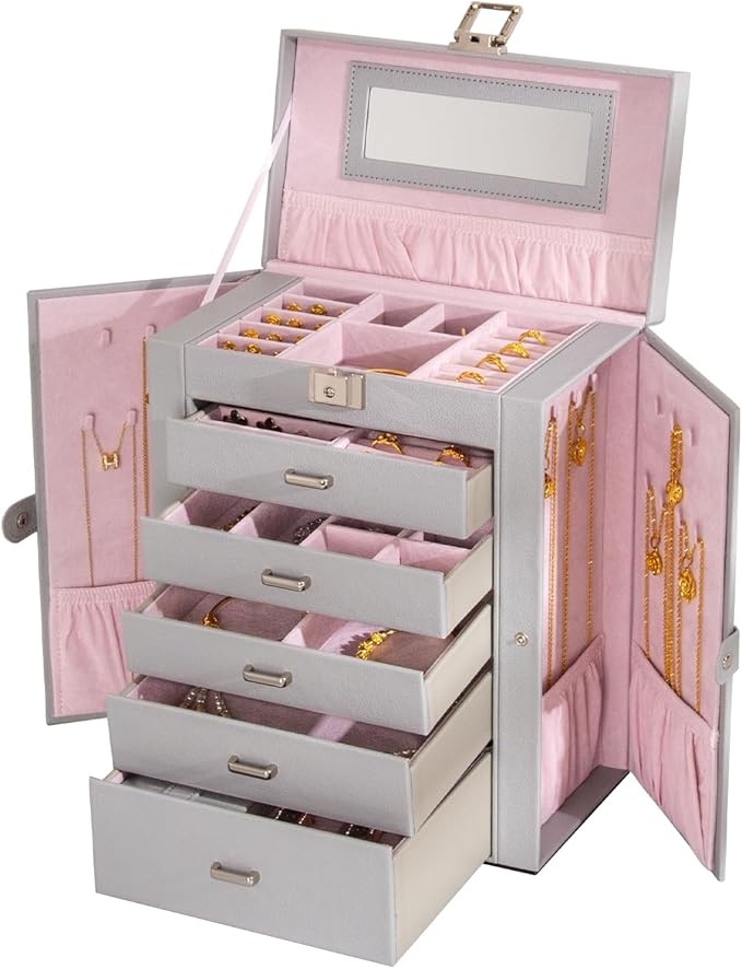 Large Jewelry Box,5-Tier PU Leather Jewelry Organizer with Lock,Multi-functional Storage Case with Mirror,Jewelry Organizer for Bracelets, Earrings, Rings, Necklaces, Mothers Day (GRAY)