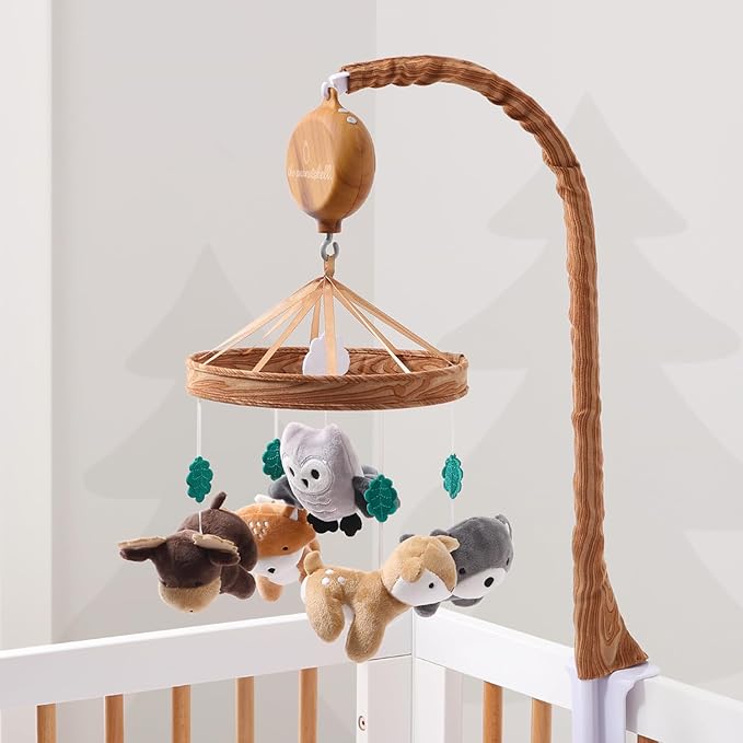 The Peanutshell Crib Mobile for Boys or Girls - Woodgrain Musical Baby Crib Mobile with 12 Lullabies, Whimsical Woodland Baby Whimsical Woodland Nursery Decor