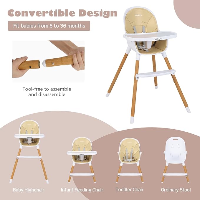 BABY JOY Convertible Baby High Chair, 3 in 1 Wooden Highchair/Booster/Chair with Removable Tray, Adjustable Legs, 5-Point Harness, PU Cushion and Footrest for Baby, Infants, Toddlers (Beige)