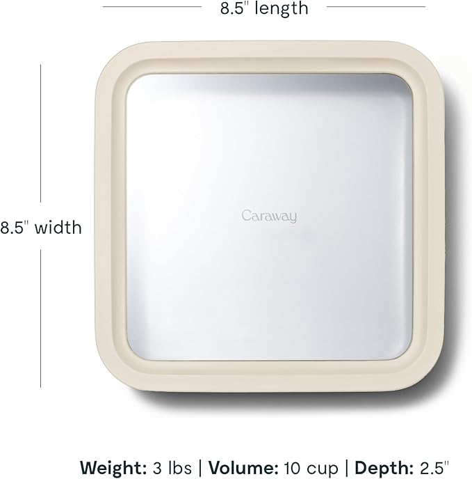 Caraway Glass Food Storage, 10 Cup Glass Container,Ceramic Coated Food Container,Easy to Store, Non Toxic, Non Stick Lunch Box Container with Glass Lids. Dishwasher, Oven,Square Shape,Cream