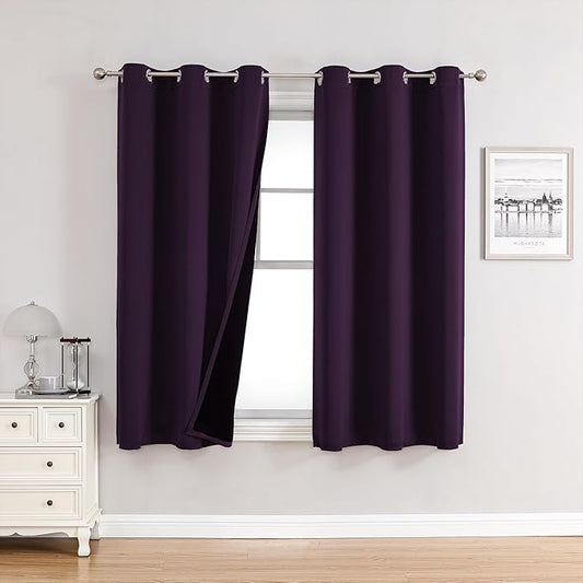 ChrisDowa 100% Blackout Curtains for Bedroom with Black Liner, 2 Thick Layers Total Blackout Thermal Insulated Grommet Window Curtains 2 Panels Set (Royal Purple, 42 x 63 Inch)