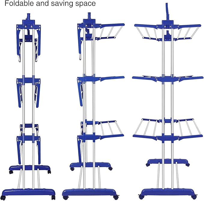 Bigzzia Clothes Drying Rack, Folding Stainless Steel Drying Rack Clothing Indoor Outdoor, Space-Saving, 4 Tier Laundry Drying Rack with Two Side Wings Grey Blue