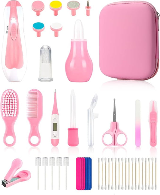 Baby Grooming and Healthcare Kit, Portable Baby Safety Care Set with Hair Brush Comb Nail Clipper Nasal Aspirator for Nursery Newborn Infant Girl Boy (32 in 1, Pink)