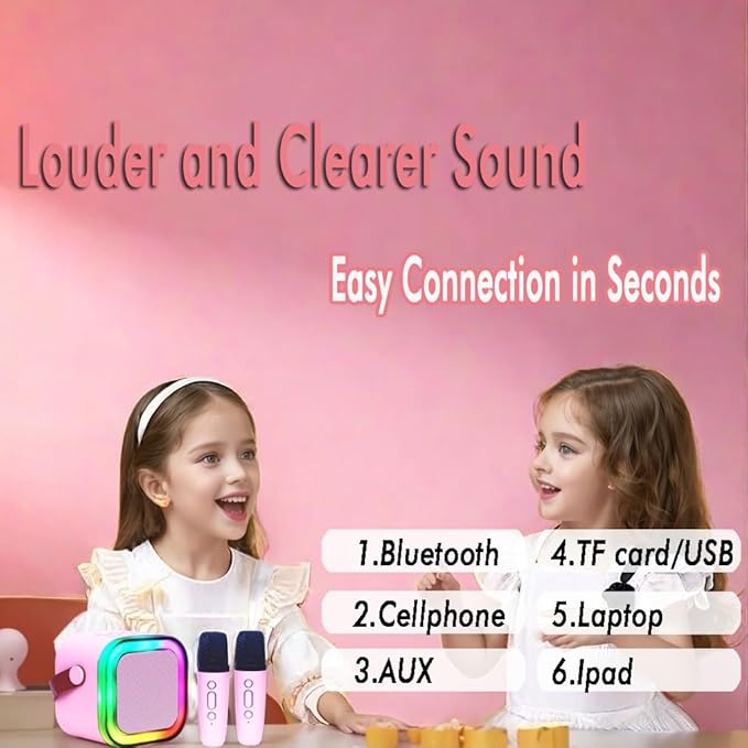 Mini Karaoke Machine for Kids Adults with 2 Wireless Microphones Portable Bluetooth Speaker with Microphone,Toys Birthday Gifts for Girls Ages 4, 5, 6, 7, 8,12+ Toddler Teens