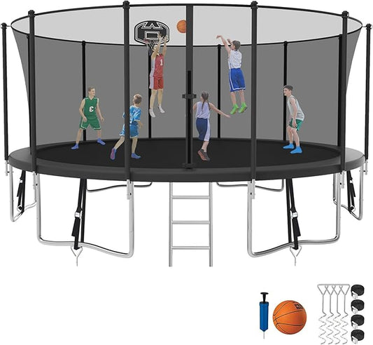 SKYUP Tranpoline 1500LBS 16 15 14 12 10 8 FT Tranpoline for 7-10 Kids and Adults, Windproof Outdoor Tranpoline with Enclosure Net, Basketball Hoop, Easy to Install & Last Long - ASTM Approved