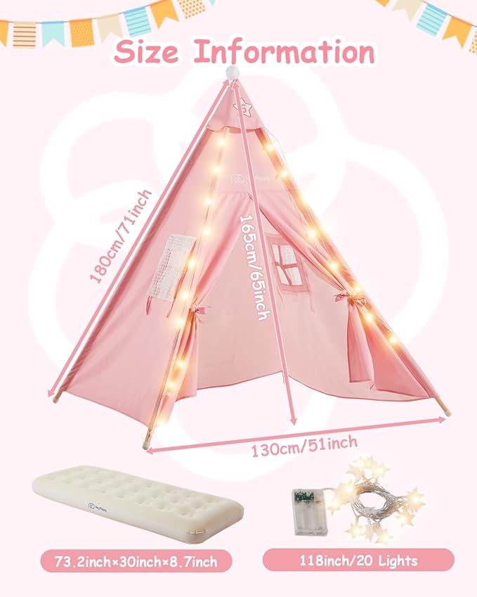 6 Pack Teepee Tent for Kids with Inflatable Airbed, Light, Toddler Tent Children Room Tents, Slumber Party Sleepover Tents, Indoor Outdoor Kids Playtent Playhouse for Girls & Boys