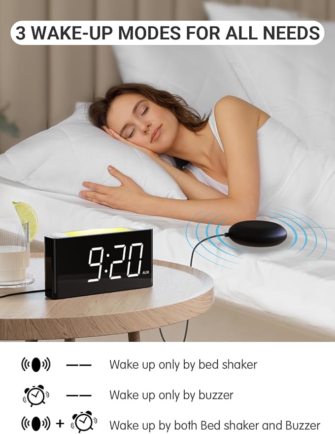 Vibrating Alarm Clock,PPLEE Loud Alarm Clock for Heavy Sleepers Hearing Impaired Deaf Teens,Bed Shaker Alarm Clocks for Bedrooms,5 dimmable,7 Color Night Light,USB charging,Type-C Charger,Memory Alarm