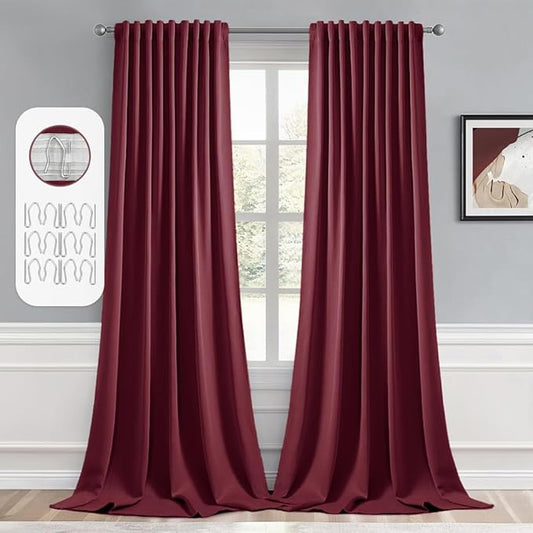 MIULEE Wine Red Back Tab Blackout Curtains 108 Inch Long 2 Panels Set for Bedroom, Rod Pocket/Pinch Pleat Extra Long Thermal Insulated Living Room Darkening Pleated Light Blocking Drapes