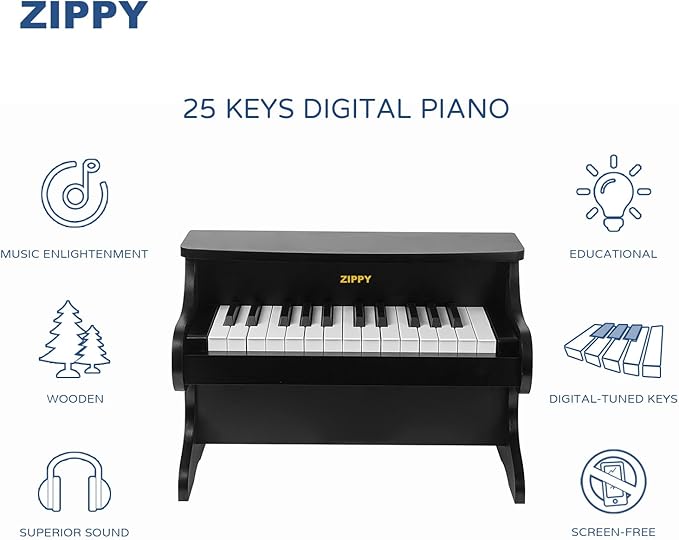 ZIPPY Kids Piano Keyboard, 25 Keys Digital Piano for Kids, Mini Music Educational Instrument Toy, Wood Toy for Toddlers Girls Boys (Black)