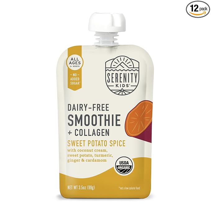Serenity Kids 6+ Months Dairy-Free Smoothie Baby Food | USDA Organic | Grass Fed Collagen Protein | 3.5 Ounce BPA-Free Pouch | Sweet Potato Spice | 12 Count