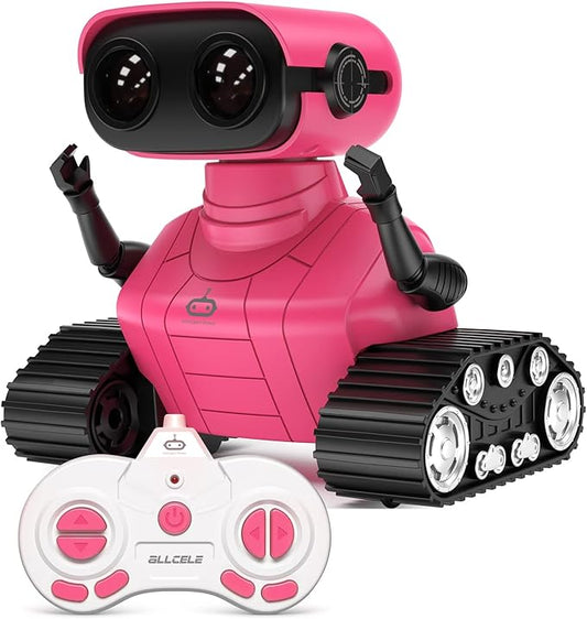 ALLCELE Robot Toys, Rechargeable RC Robots for Kids Boys, Remote Control Toy with Music and LED Eyes, Gift for Children Age 3 Years and Up - Rose Red