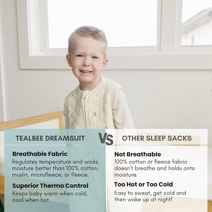 Tealbee Dreamsuit - Toddler sleep sack with feet 12-18 months, 18-24 months - 1.2 TOG All Season Baby Wearable Blanket for Walkers - Rayon made from Bamboo, Organic Cotton Sleep Bag - Moons Stars