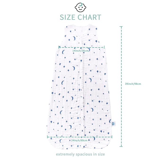 Toddler Sleep Sack for 2-4T Baby, Organic Cotton Wearable Blanket for Boys and Girls 0.5 TOG 2-Way Zipper Soft 4 Layers X-Large Star Moon