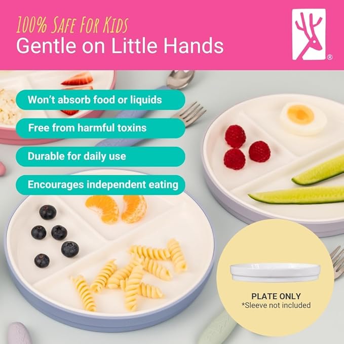 Elk and Friends Kids 7.8” Porcelain White Plates | Divided Plates | Suitable for Kids/Toddlers | Microwave & Dishwasher Safe | Non Slip | Snack Dishes | 2 Pack