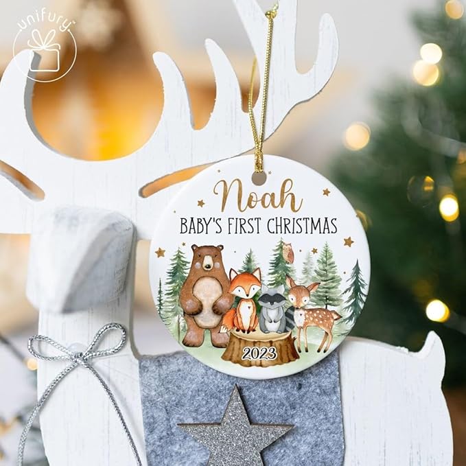 Unifury Personalized Baby First Christmas Ornament 2024, Adorable Keepsake for Babies First Christmas Tree, Holiday Decor for Celebrating Ceramic Babys 1st Christmas Ornament 2024, Woodland Animal