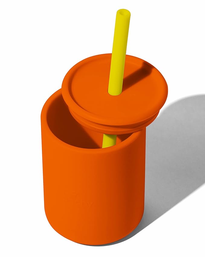 Avanchy Silicone Training Sippy Cup with Straw Lid – For Babies 6+ Months to Toddlers 1 Year Old – 8 oz Infant Water Cup for Baby Led Weaning, Orange