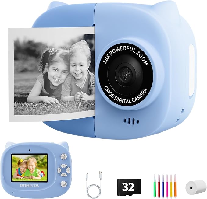 Rongta Kids Camera Instant Print, 1080P Kids Instant Cameras That Print Photos, Christmas Birthday Gifts for Boy Age 3-12, Video Camera Portable Toy for 3 4 5 6 7 8 9 10 Year Old Boy(Blue)