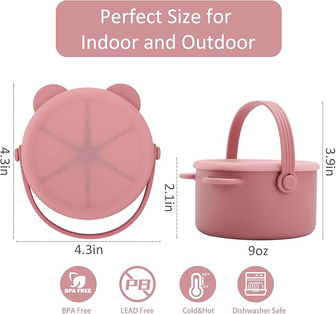Snack Cups for Toddlers, Baby Snack Containers, Silicone Toddler Snack Cups No Spill, Food Catcher with Lid & Bucket-like Handle, BPA Free & Dishwasher Safe, 9 Ounce Rose