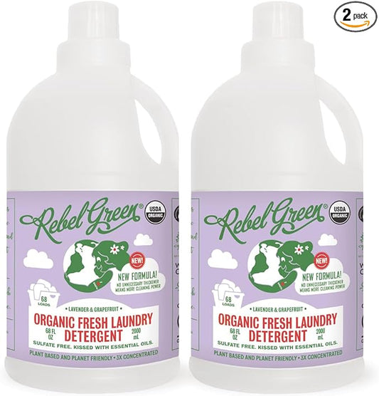 Rebel Green Organic Laundry Detergent - Natural Laundry Soap - Liquid Laundry Detergent with Dispenser Cup - Gentle Laundry Detergent - Fresh Lavender & Grapefruit Scent - 68 Load Bottles, 2 Pack