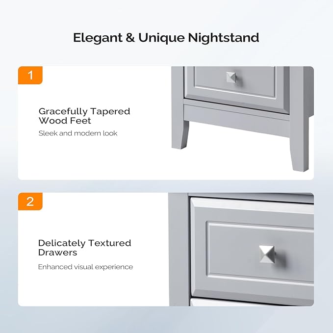 Bonnlo Gray Nightstands Set of 2, 3 Drawer Nightstand, Modern Night Stand - Image 5
