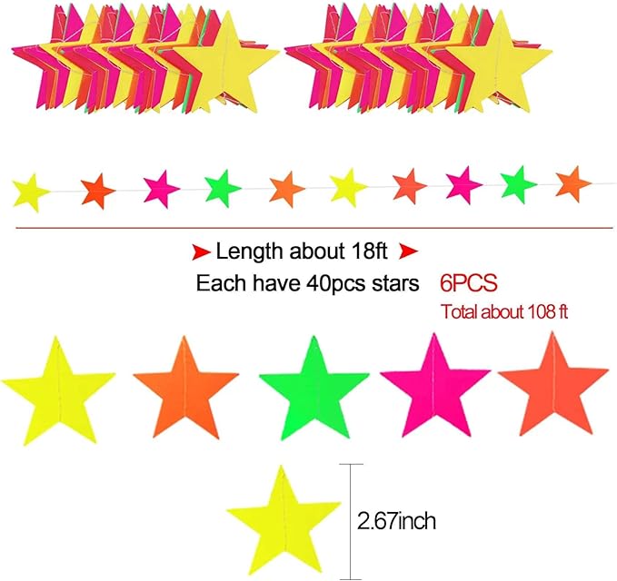 108ft Neon Glow Party Star Paper Garland UV Glow in The Dark Party Supplies Garlands Neon Paper Streamers for Blacklight Fluorescent Supplies for Birthday Wedding Decorations