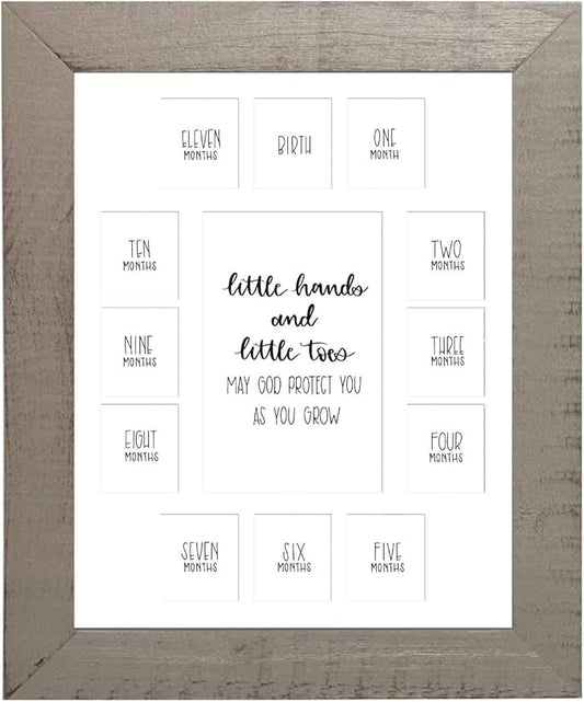 Rustic Red Door Co. Baby's First Year Picture Mat - Grey Frame - Little Hands and Little Toes Photo Collage - 13 Picture Slots - Newborn Birth to One Year Birthday - Watch Your Baby Grow (White Mat)
