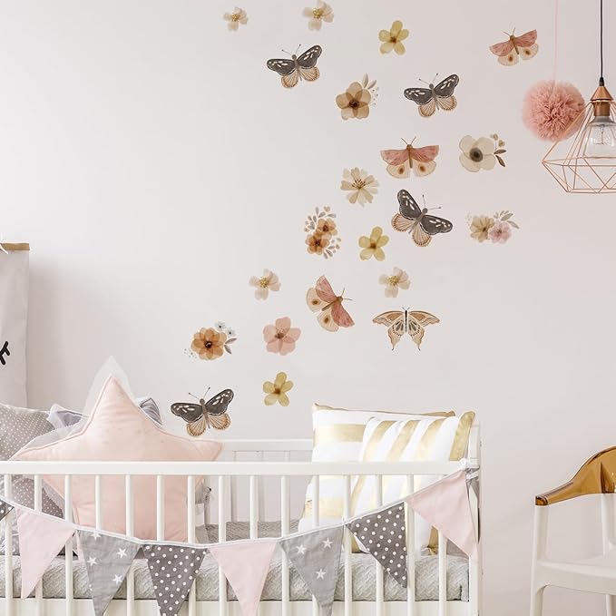 YouRfocus Butterfly and Flower Wall Decals – 72 Decals, Removable Floral Wall Stickers for Bedroom, Nursery, Girls Room, Boho Nature Decor, Reusable Home Decoration (12 Sheets)