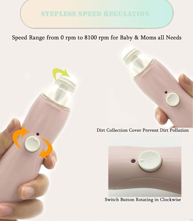 Rechargeable Baby Nail File, Fansidi Electric Baby Nail Trimmer for Newborn Infant or Toddler Toenail and Fingernail - Girls and Boys Accessory - Extra Replacement Pads Included (Pink)