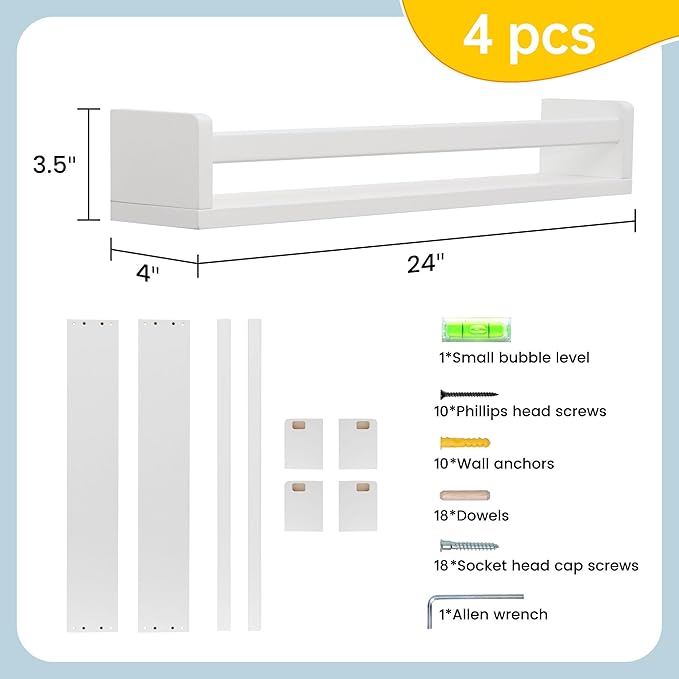 Fun Memories Nursery Book Shelves - Rustic Natural Solid Wood Floating Bookshelf for Kids - Wall Book Shelves for Kids Room (White, 24inch - 4P)