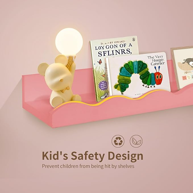 Nursery Book Shelves, 4 Pack Pink Floating Shelves for Wall, Wood Scalloped Shelves for Storage Books, Wall Book Shelf for Kids Rooms, Bedroom, Toddler Room, Baby Room, Nursery Decor