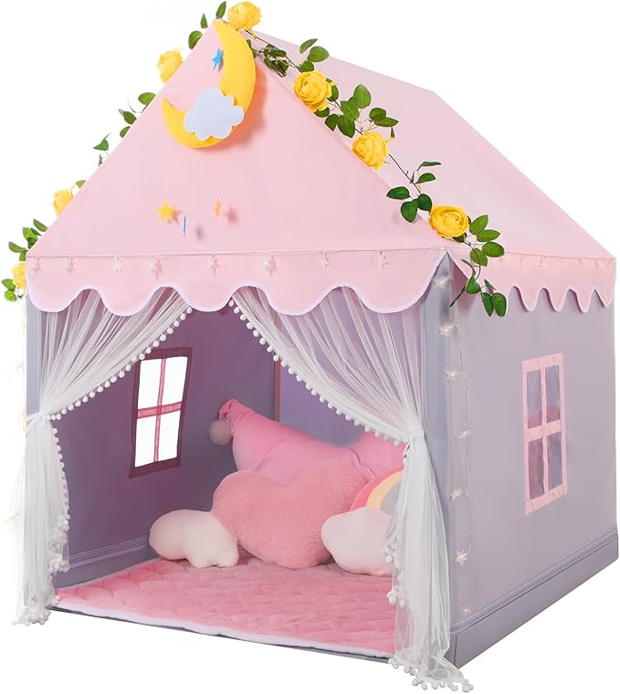 Wilwolfer Kid Tent with Mat, Star Lights - Kids Play Tents for Toddlers Kids Tents Indoor Playhouse - Princess Tent for Girls Toy House Gift (Gray with Mesh)