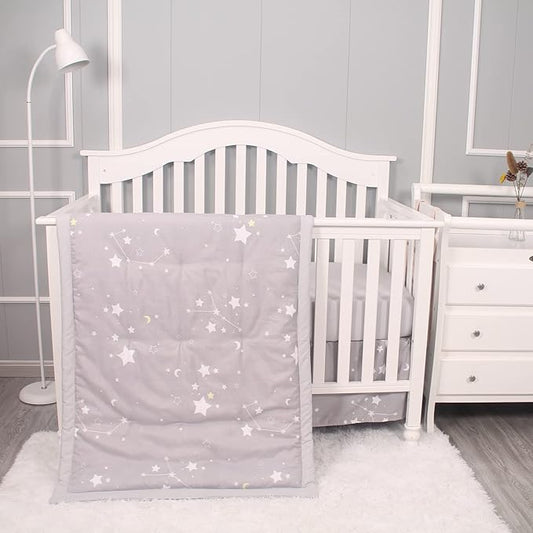 Belsden 3 Piece Crib Bedding Set for Baby Boys Girls, Classic Nursery Bedding Essential Including Comforter, Crib Sheet and Crib Skirt, Ultra Soft Cozy, Star Light Grey