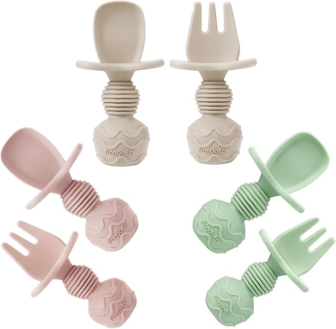PandaEar 6 Pack Silicone Baby Spoons and Fork Feeding Set- Anti-Choke First Self Feeding Utensils for Baby Led Weaning Ages 3 Months (Pink, Green&Linen)