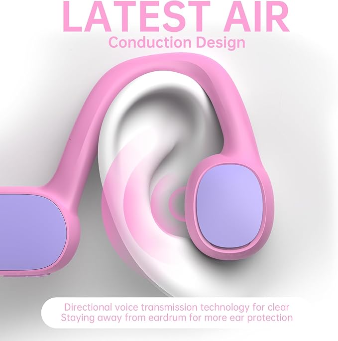 Kids Headphones, Bluetooth 5.2 Air Conduction Open Ear Headphones, 85dB Volume Limiting, Stereo Sound with Mic, IPX5 Waterproof, 20H Playtime, Perfect for School and Outdoor-Pink