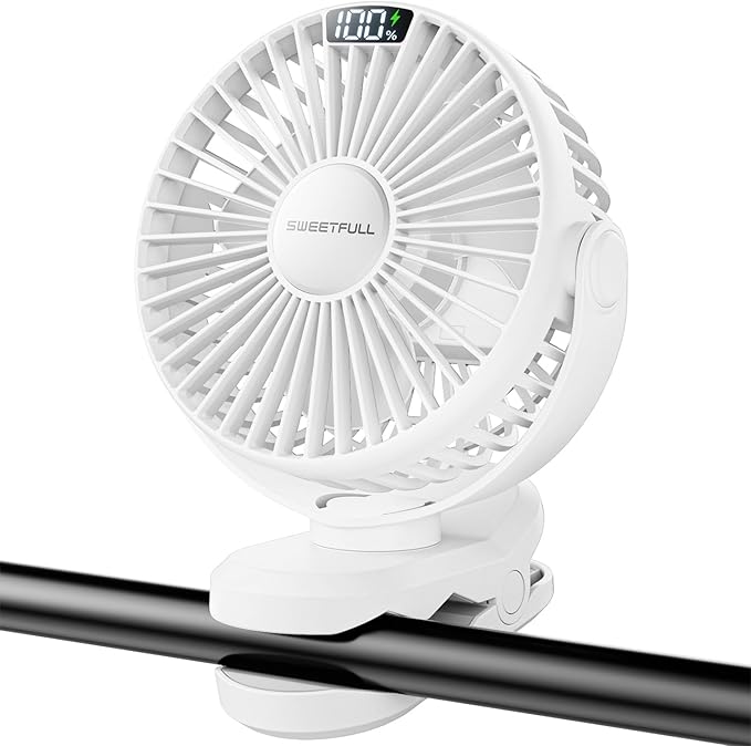 SWEETFULL Portable Clip on Fan - Battery Operated Rechargeable Fan with LED Display, 4 Speeds, Mini Personal Cooling Desk Fan for Golf Cart Travel Camping Gym - White
