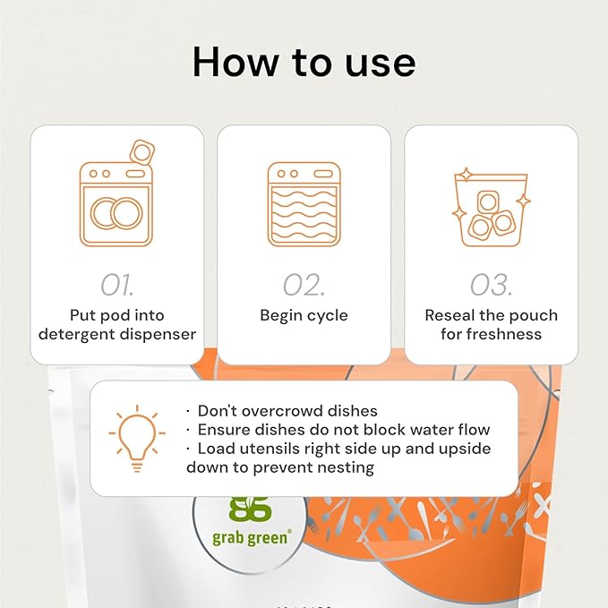 Grab Green Automatic Dishwashing Detergent Pods, 60 Count, Tangerine Lemongrass Scent, Plant and Mineral Based, Superior Cleaning, Powerful Grease Removal, Brilliant Shine