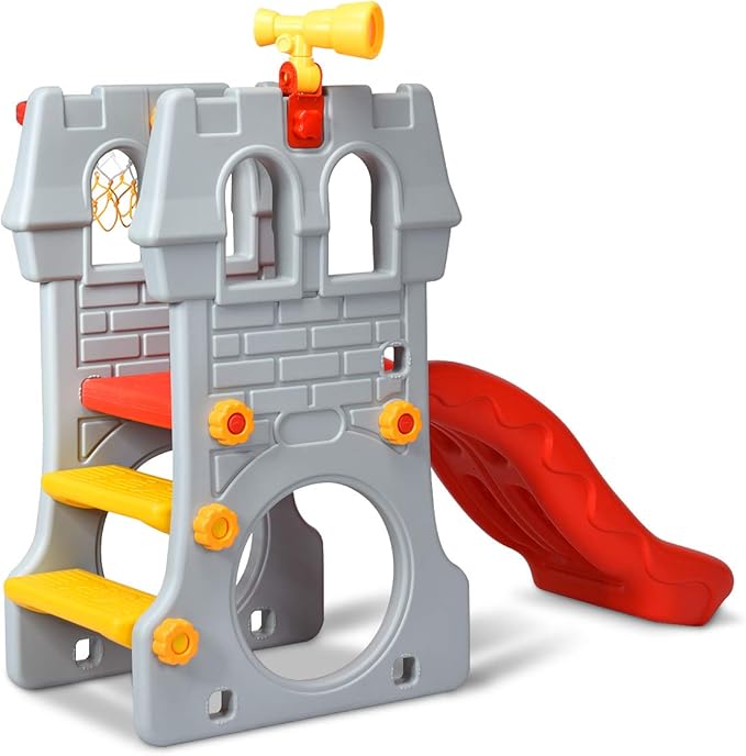 KOTEK Toddler Slide Indoor for Age 3-8, 5 in 1 Kids Climber Slide with Basketball Hoop, Telescope, Crawl Through Space & Climbing Stairs, Freestanding Kids Slide for Boys & Girls