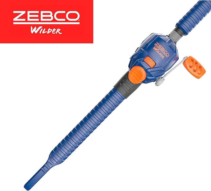 Zebco Wilder Fishing Reel and Rod Combo, 4'3" Durable Fiberglass Rod with Built-In Carabiner, Patented No-Tangle Reel, Pre-Spooled with 6-Pound Zebco Cajun Fishing Line, Blue/Orange